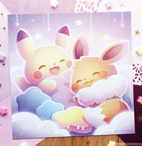 Print carré Pikachu et Evoli par Firepiggy