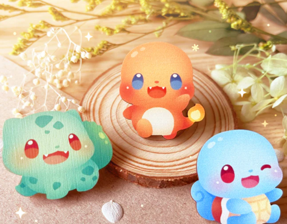 Pin’s en bois Pokémon –Starters (Carabuce, Bulbizarre, Salamèche) par Firepiggy