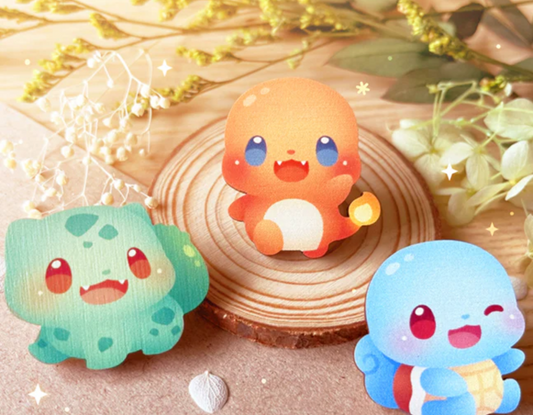 Pin’s en bois Pokémon –Starters (Carabuce, Bulbizarre, Salamèche) par Firepiggy