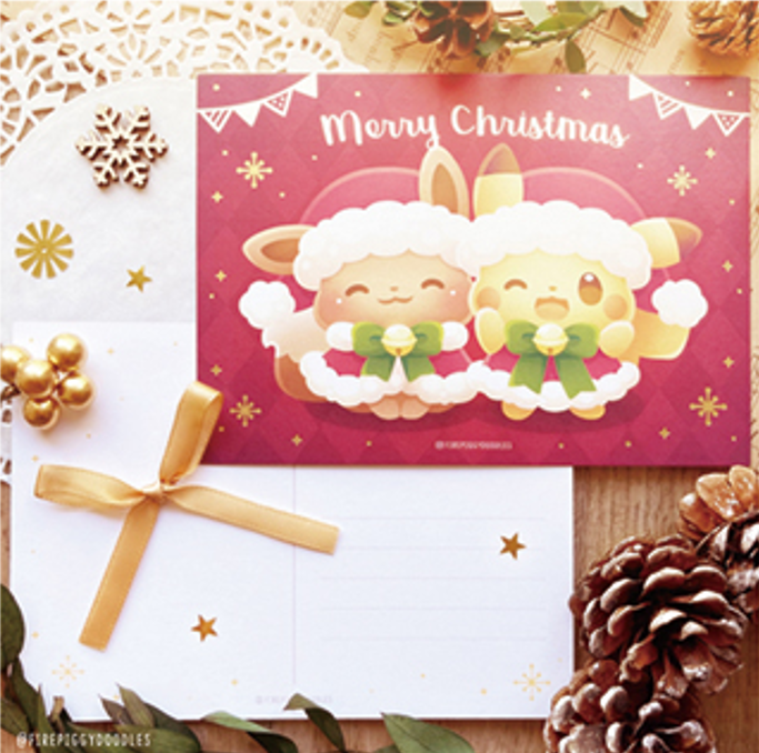 Carte Pikachu et Evoli Noël Merry Christmas par Firepiggy