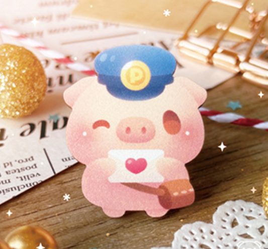 Pin’s en bois Cochon Facteur par Firepiggy
