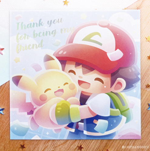 Print carré Sacha et PIkachu Thank you for being my friend par Firepiggy